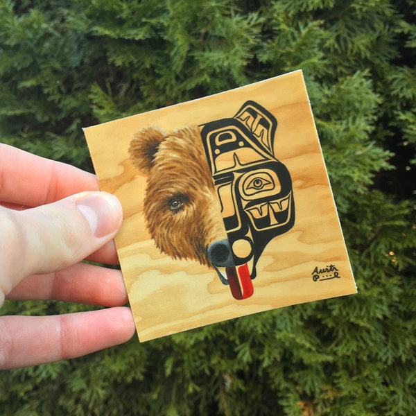 3x3" Sticker "The Spirit of the Bear" Northwest Coastal Native American Style Grizzly Painting