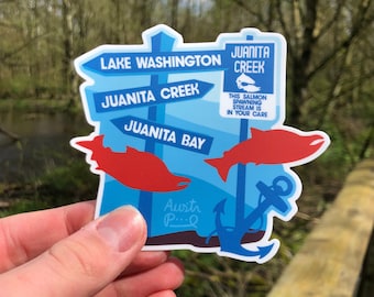 4.1x3.7" Sticker "Save Our Salmon" - Lake Washington, Puget Sound, Salish Sea, Juanita Creek from Mural Design