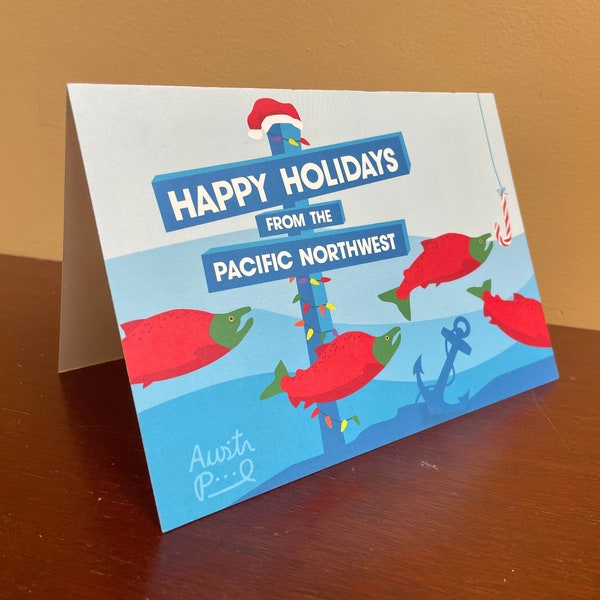 5x7 Holiday Card Pack "Happy Holidays from the Pacific Northwest" - Lake Washington, Puget Sound, PNW Sockeye Salmon from Mural Design