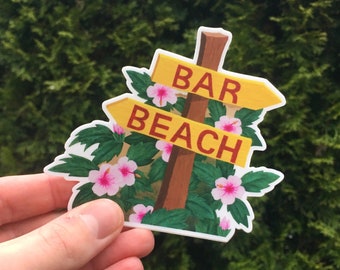 4x3.6" Sticker "Beach and Bar" Tropical Hawaiian Painting