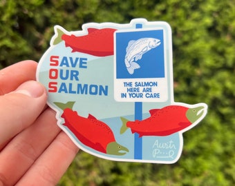 4x3.4" Sticker "Save Our Salmon" - Lake Washington, Puget Sound, Salish Sea, McAleer Creek from Mural Design