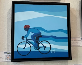 14x14 Canvas Print "Biker in Blue” Cyclist Art