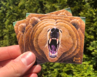 2.4x3" Sticker "Growling Grizzly" Brown Bear Painting