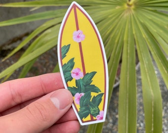 4.1x1.6" Sticker "Tropical Surfboard" Hawaiian Hibiscus Flower Painting
