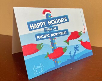 5x7 Holiday Card Pack "Happy Holidays from the Pacific Northwest" - Lake Washington, Puget Sound, PNW Sockeye Salmon from Mural Design