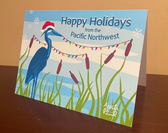5x7 Holiday Card Pack - Heron - "Happy Holidays from the Pacific Northwest" - Great Blue Heron