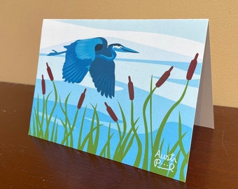 5x7 "Heron Flying" Greeting Cards, Great Blue Heron Wetland Art Cards - Blank Inside