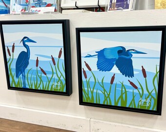 14x14 Canvas Print Set "Herons" Set of 2 Great Blue Heron, Pacific Northwest Art