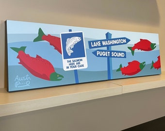 14x49 Canvas Print "Save Our Salmon" Lake Washington, Puget Sound Wall Art from Mural Design (4-feet-long)