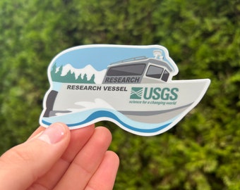 4x2.4" Sticker "Research Vessel" Boat - USGS Western Fisheries Research Center - Lake Washington from Magnuson Park Seattle Mural