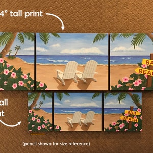 May include: A beach scene painting with two white chairs on a sandy beach with palm trees and blue water. The painting is divided into three sections, with the words "BAR BEACH" on a yellow sign in the rightmost section. The painting is available in two sizes: 24 inches tall and 16 inches tall.