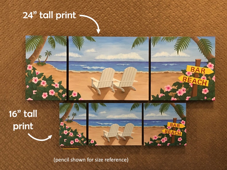 May include: A beach scene painting with two white chairs on a sandy beach with palm trees and blue water. The painting is divided into three sections, with the words "BAR BEACH" on a yellow sign in the rightmost section. The painting is available in two sizes: 24 inches tall and 16 inches tall.