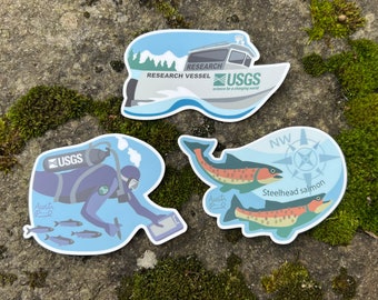 Set of 3 stickers- USGS (US Geological Survey) Western Fisheries Research Center - from Magnuson Park Seattle Mural at USGS
