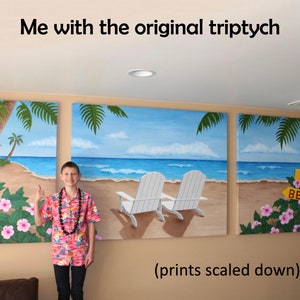 May include: A person wearing a Hawaiian shirt stands in front of a three-panel painting depicting a tropical beach scene with palm trees, white chairs, and a sign that reads "BAR BEACH".