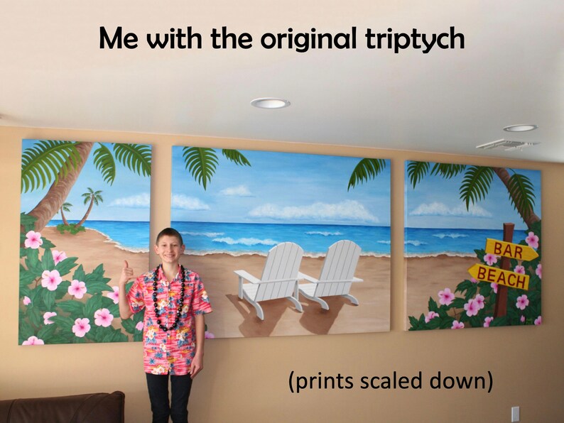 May include: A person wearing a Hawaiian shirt stands in front of a three-panel painting depicting a tropical beach scene with palm trees, white chairs, and a sign that reads "BAR BEACH".