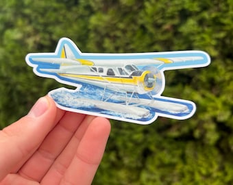 4.8x2.1" Sticker "Seaplane" - Kenmore Air de Havilland Beaver Airplane Painting - PNW Lake Union, San Juan Islands, Puget Sound Seaplane Art