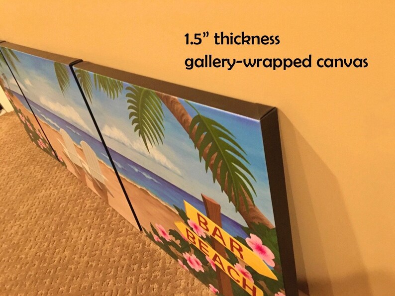 May include: A three-panel gallery-wrapped canvas print depicting a beach scene with palm trees, blue water, and a sign that reads "Bar Beach". The canvas is 1.5 inches thick.