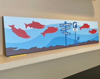 14x58 Canvas Print "Save Our Salmon" Lake Washington, Puget Sound, Salish Sea Wall Art from Mural Design (5-feet-long)