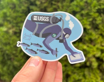 3.7x2.7" Sticker "Scuba Diver" Research Diver - USGS Western Fisheries Research Center - Lake Washington from Magnuson Park Seattle Mural