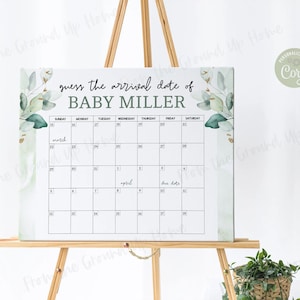 Greenery and Gold Baby Shower Guess The Due Date Sign | INSTANT DOWNLOAD | CORJL, editable digital file 183