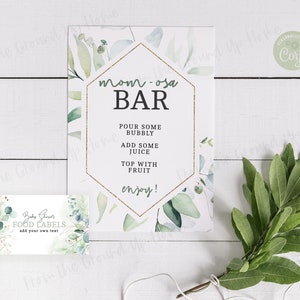 Greenery and Gold Baby Shower Mimosa Bar Sign and Food Labels | INSTANT DOWNLOAD | CORJL, editable digital file 153