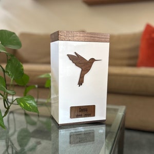 Hummingbird Cremation Urn for Ashes: Walnut & White Metal, Adult Size