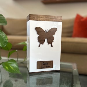 Butterfly Cremation Urn for Human Ashes: Walnut & White Metal, Large Adult Urn