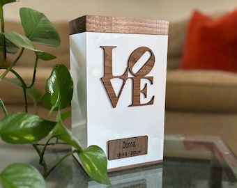 Uplifting Cremation Urn for Ashes, White & Walnut, with Love Inlay