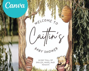 Editable Winnie the Pooh Baby Shower Welcome Sign / Hunny Pot Theme / Customizable Canva Template / Printable Baby Shower Decor