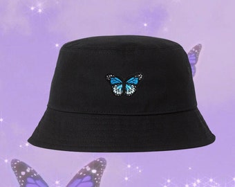 Blue Butterfly Black Bucket Hat Y2K 