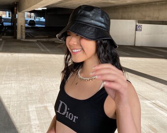mcm leather bucket hat