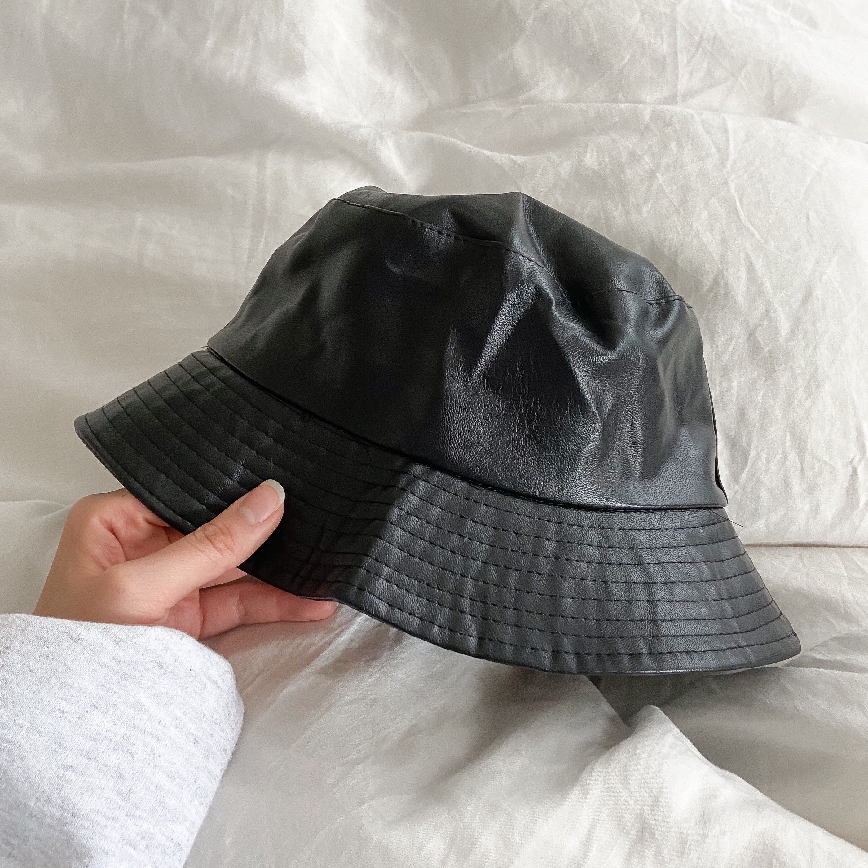 Black PU Leather Bucket Hat Trendy Bucket Hat Etsy