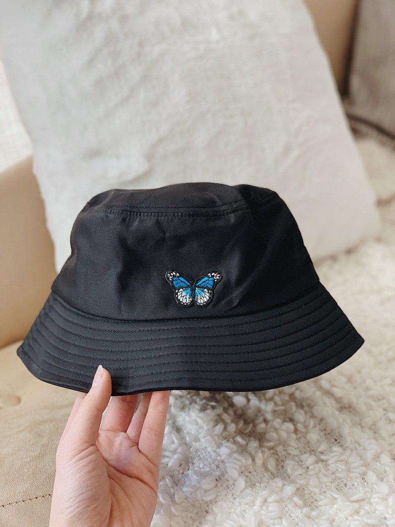 Butterfly Bucket Hat Black bucket hat Embroidered Butterfly Etsy
