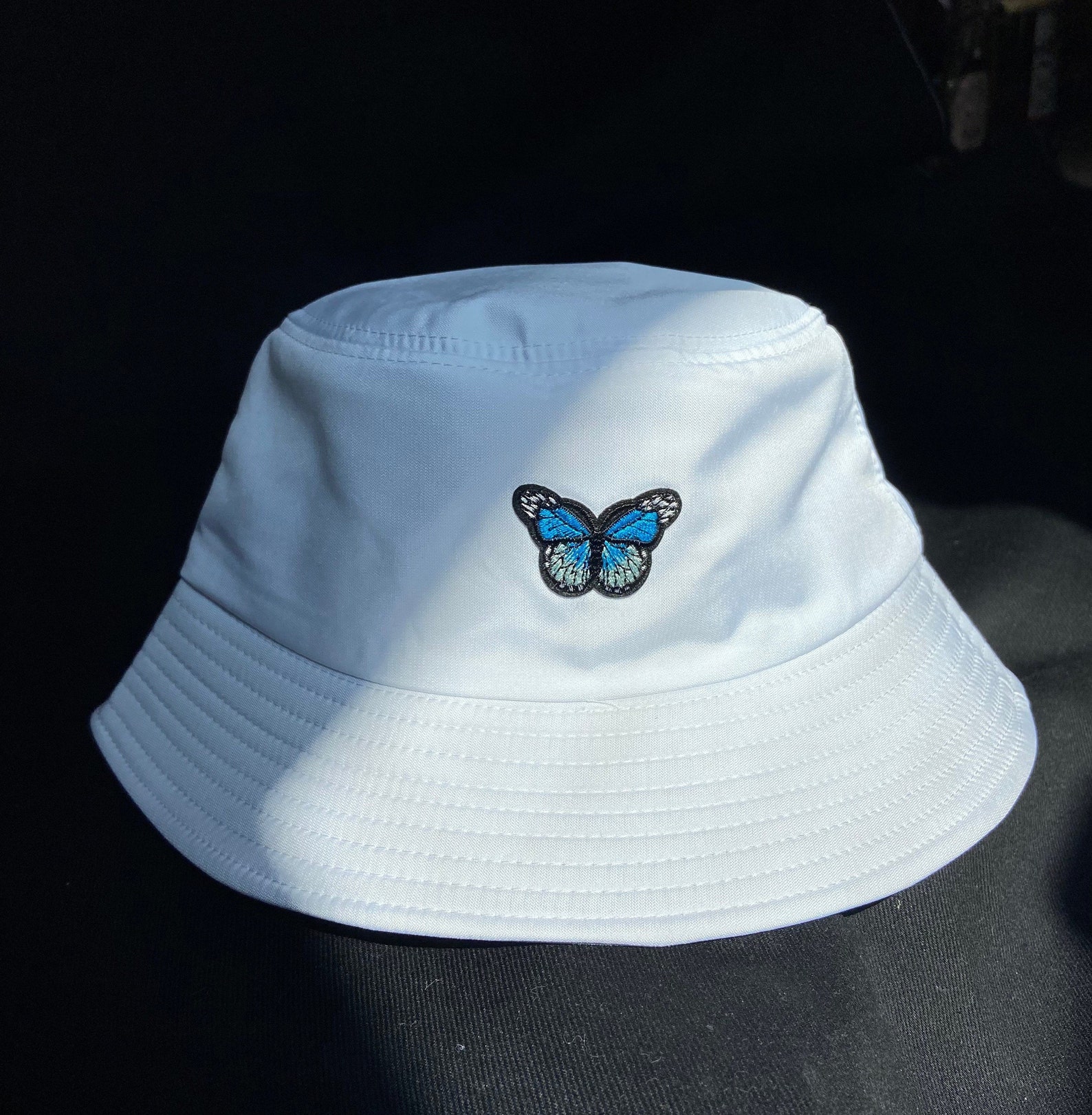 Y2K White Bucket Hat with Blue Butterfly Etsy