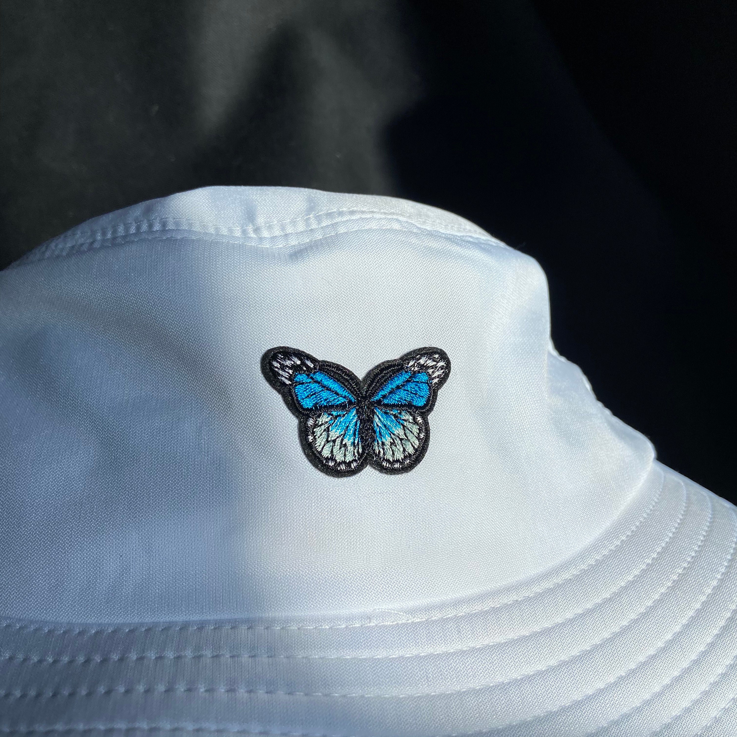 Y2K White Bucket Hat with Blue Butterfly Etsy