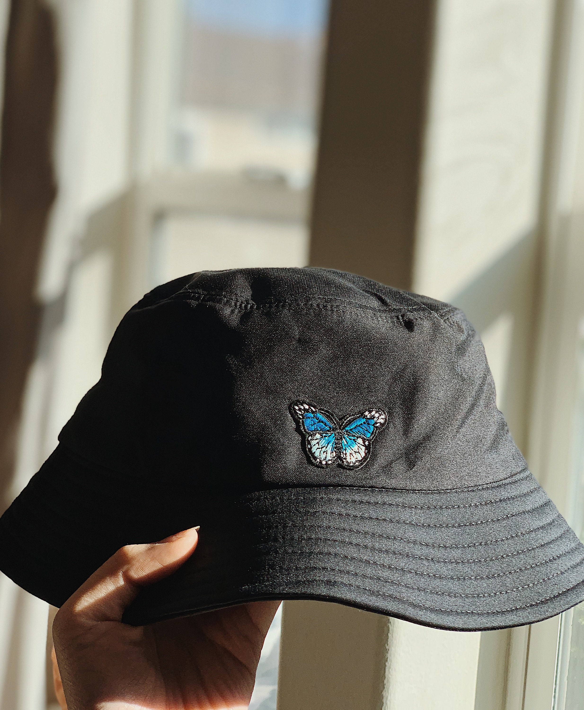 Butterfly Bucket Hat Black bucket hat Embroidered Butterfly Etsy