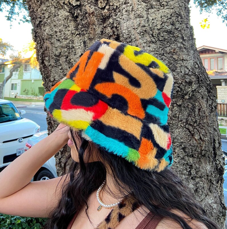 Y2K Streetwear Abstract Print Faux Fur Bucket Hat Etsy