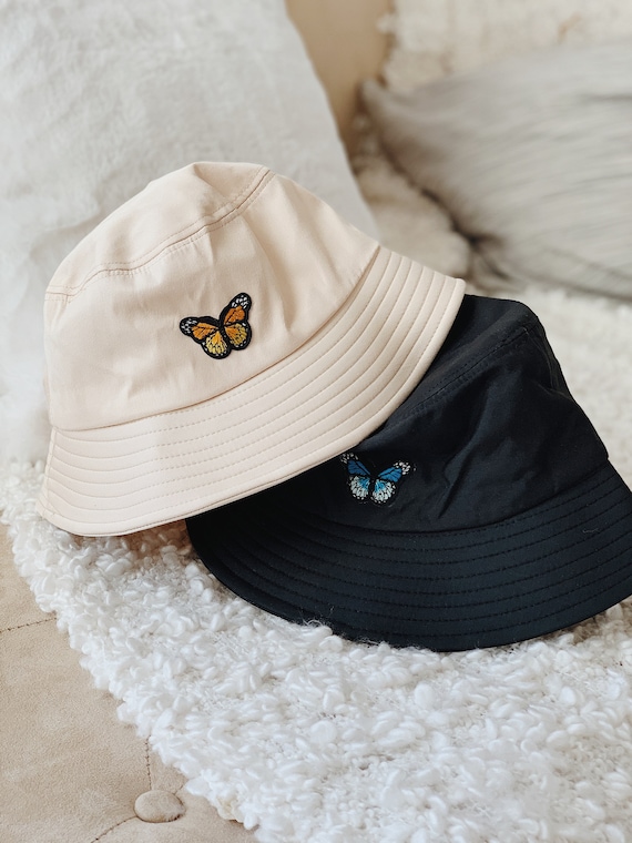 Blue Butterfly Black Bucket Hat Y2K 