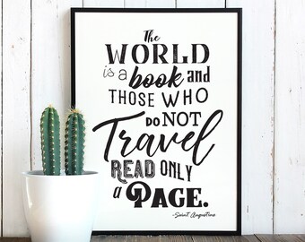 The World is a Book Printable Artwork, Living Room Quote Wall Art, Saint Augustine Quote, Home Decor Print, Printable Quote, Travel