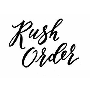 May include: Black calligraphy text on a white background reads "Rush Order". The words are in a cursive font, with the letters connected. The image is simple and clean.