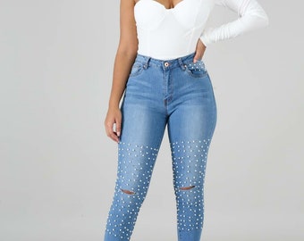 womens jeans with pearls on them