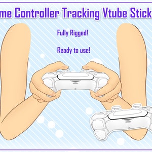 May include: A white game controller with a blue background. The text "Game Controller Tracking Vtube Sticker" is at the top of the image. The text "Fully Rigged!" and "Ready to use!" is in the middle of the image.