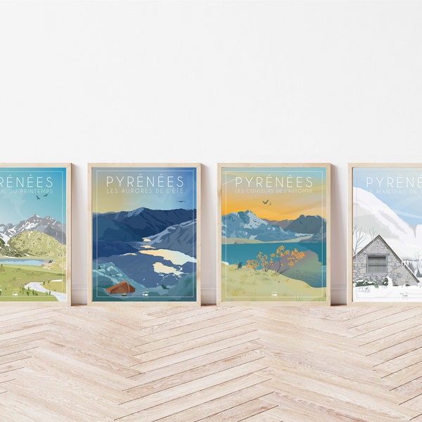 Pack affiches  "Les quatre saisons des pyrénées" 40x30 cm x4 - Poster déco intérieure / Art mural / Affiches Pyrénées / décoration design