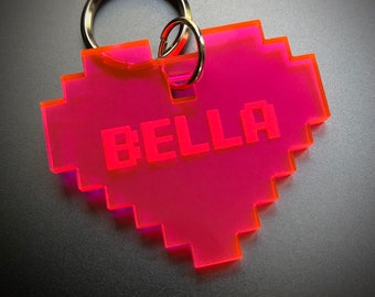 Pixel Heart Pet Tag, digital, personalized, dog, cat, 8 bit, laser cut + engraved
