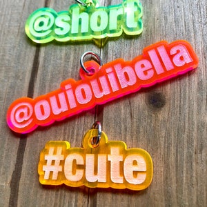 Fluorescent Pet Tag, dog, cat, personalized, ID, words, hashtag, acrylic, laser cut + engraved