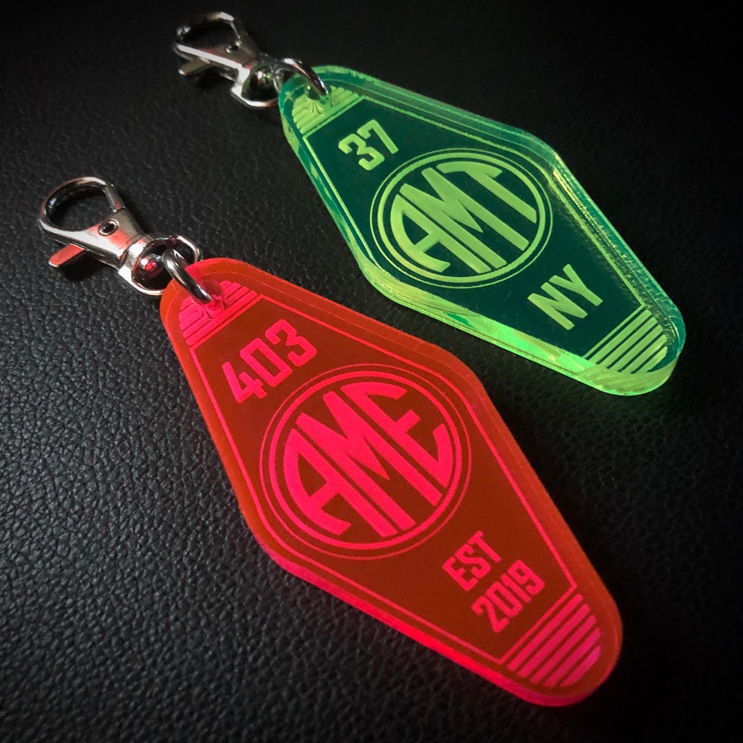 Vintage Motel Keychain, Hotel, Monogram, Personalized, Fluorescent
