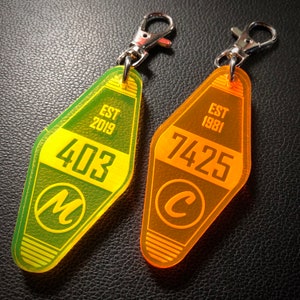 Vintage Motel Keychain, hotel, personalized, fluorescent, custom, acrylic, letter, laser cut + engraved