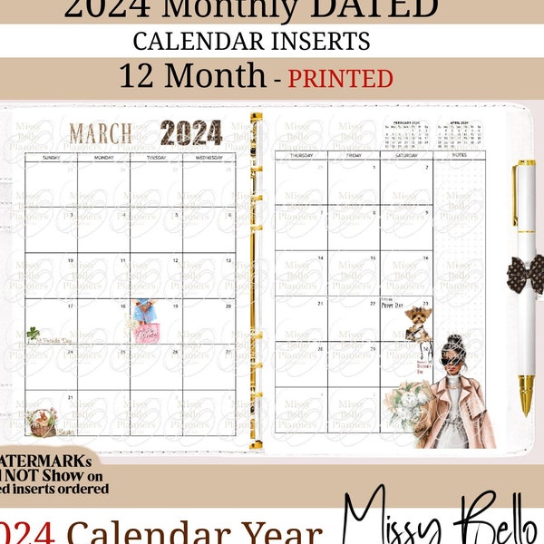 Black Woman PRINTED 2024 Dated Calendar 12 Month, Fashion  Planner Inserts, Refill, A5, A6, Half Page, Mm, Personal, Happy Planner