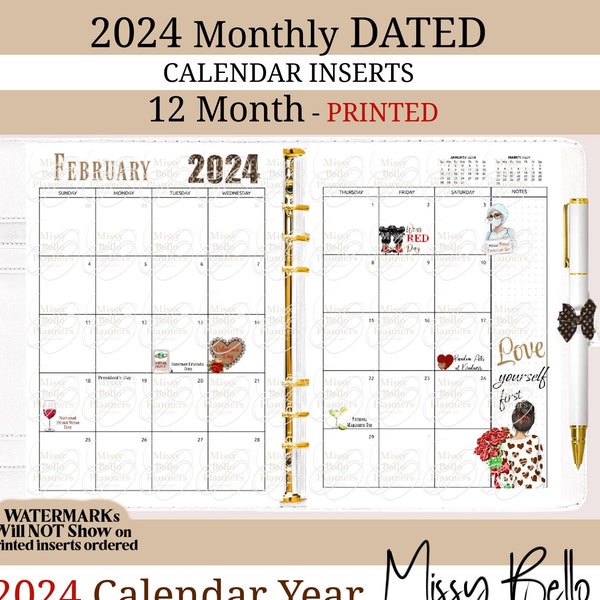 PRINTED 2024 Dated Calendar 12 Month, Fashion  Planner Inserts, Refill, A5, A6, Half Page, Mm, Personal, Happy Planner, JANUARY - DECEMBER