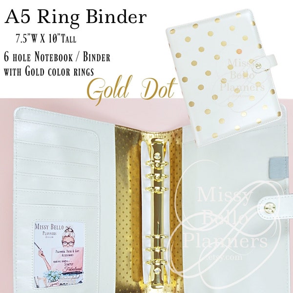 A5 Ring Binder, Planner Cover, 6 Gold Ring with Inside Pockets and Pen Holder Ready to Add Your Dashboards, Calendars and Paper Inserts.